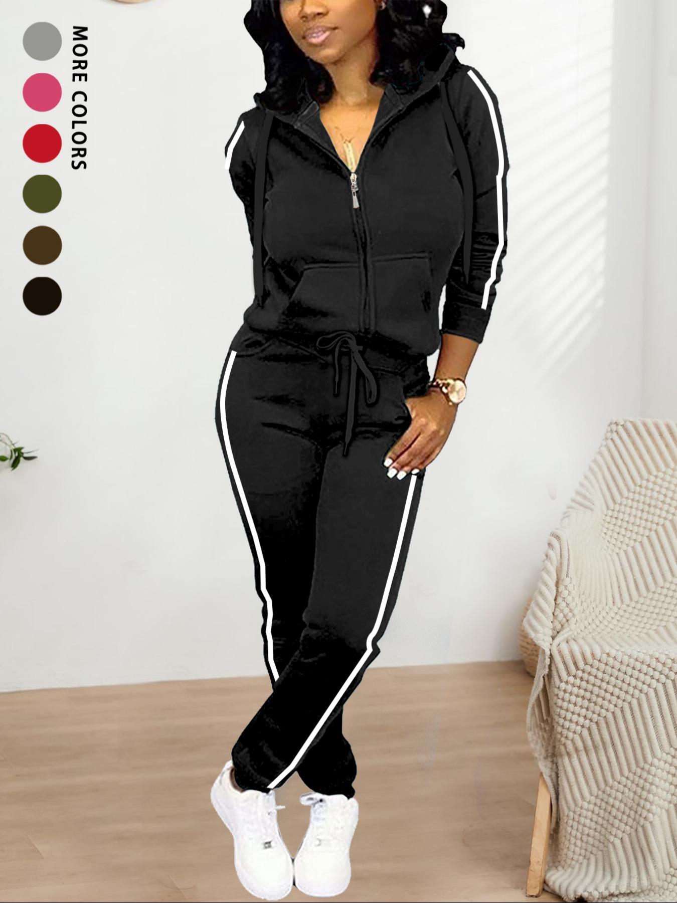 Women's Fall Winter Casual Fitted Two-Piece Set, Solid Color Hooded Zipper Sweatshirt & Long Pants, Comfortable Daily Wear, Womenswear