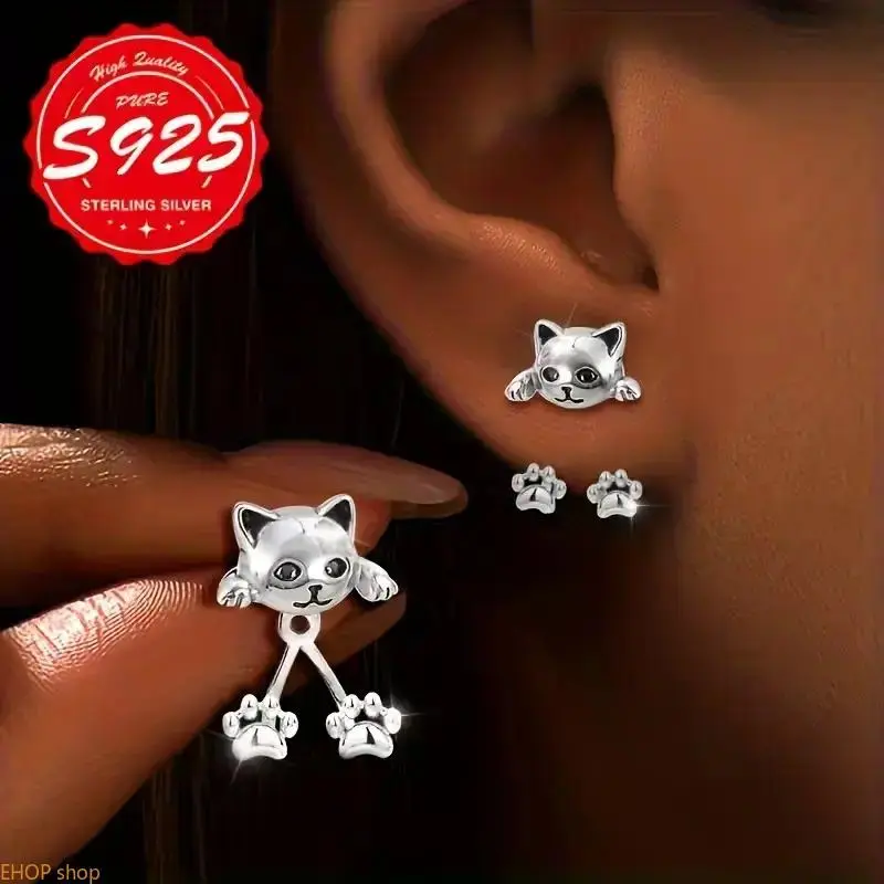Women's S925 Pure Silver Cat Paw Pendant Earrings, Fashionable Creative Pet-Themed, Hypoallergenic Daily Wear, Ideal for Daily Commuting & Parties, Perfect Gift for Ladies, Cute