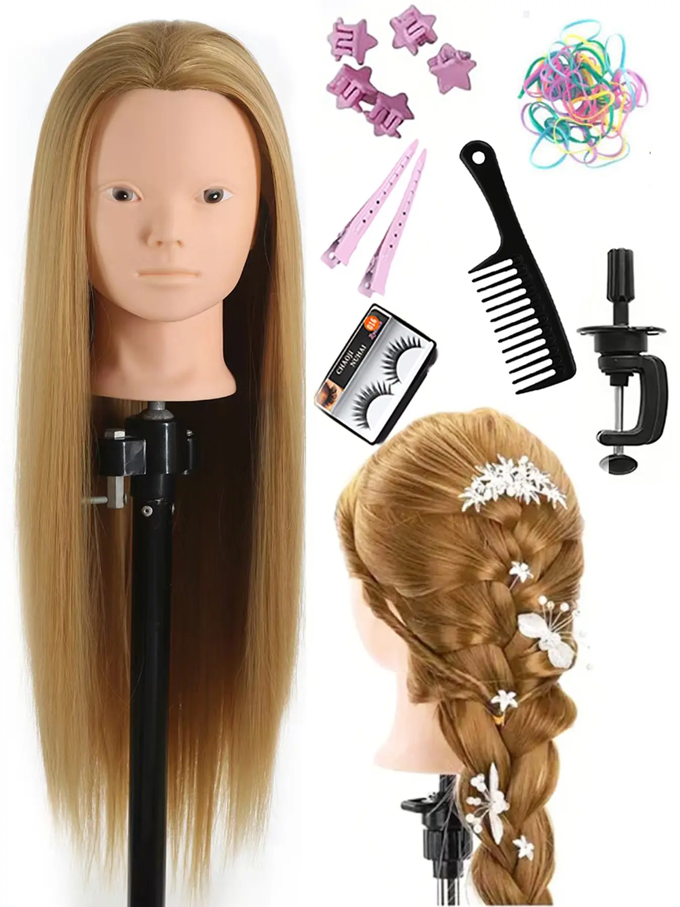 26inch Mannequin Head with Makeup & Stand, Heat Resistant Long Hair, Styling Tool Kit for Braiding Training, Ideal for Hairstyling Practice
