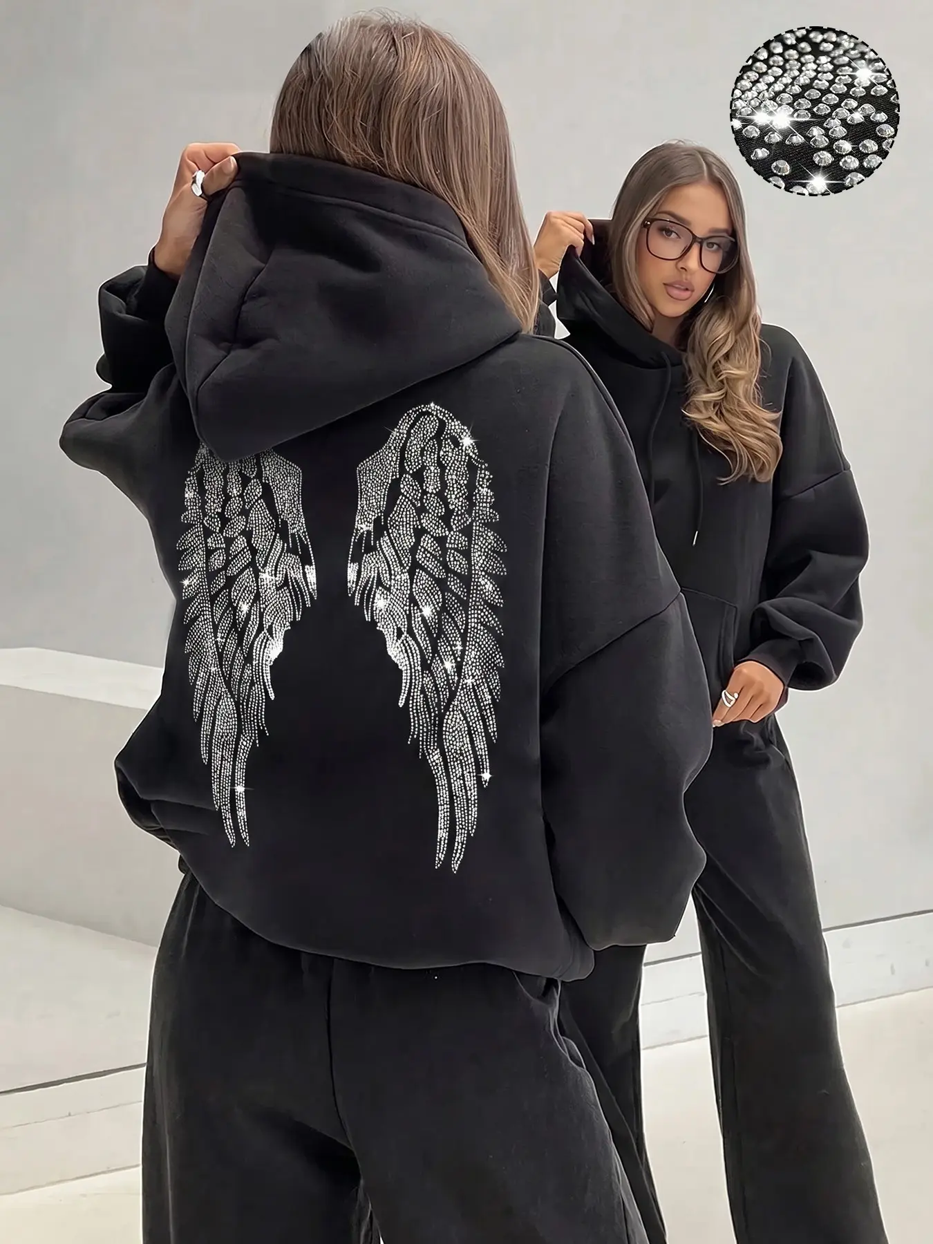 Women Rhinestone Angel Wings Hoodie Oversized Long Sleeve Pullover Sweatshirt Y2K Bling Sparkly Back Wing Streetwear Casual Loose Fit Hooded Top