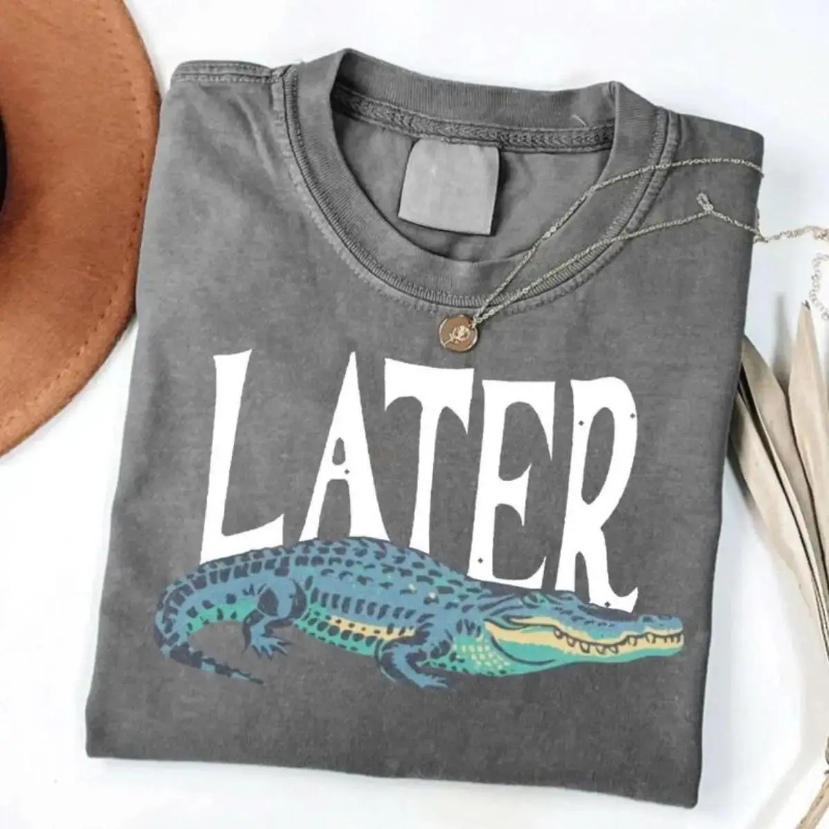 Women's Vintage 90s Style Later T-Shirt - Round Neck, Short-Sleeve Streetwear Top, Funny Graphic Alligator Tee, Breathable Soft Casual Summer Gift For Her, Tops, Shortsleeve,back to school,back to school shopping