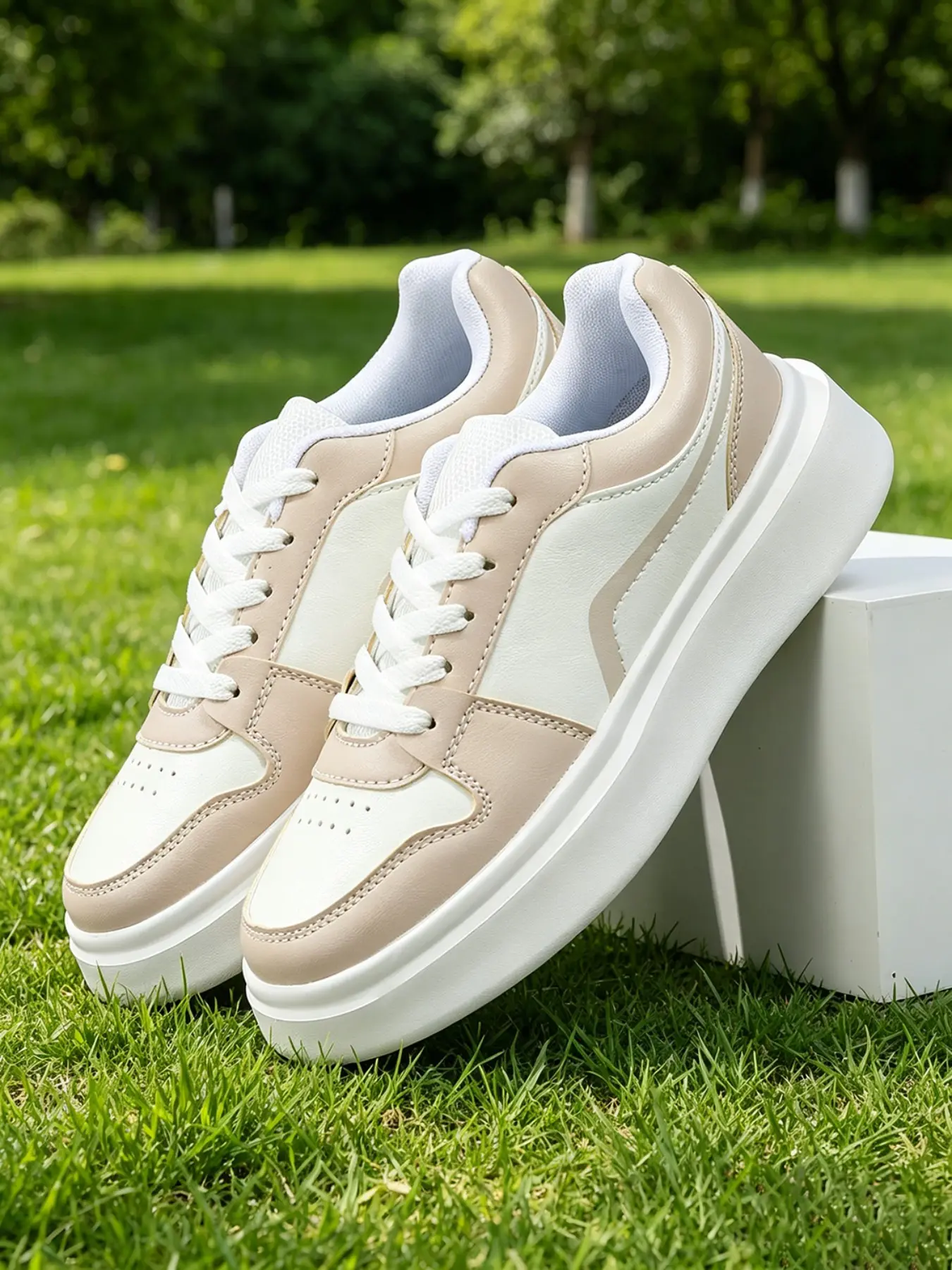 Women's Height-Boosting Sneakers, Anti-Slip Thick Sole, Casual Low Top Training Shoes, Colorblock Design, Breathable Mesh, Lightweight & Stylish