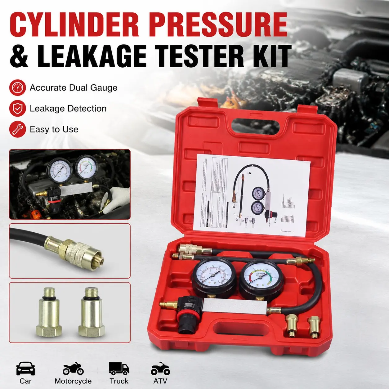 Car Cylinder Pressure Tester, Engine Compression Gauge Dual Leak Detection Tool Kit, Cylinder Pressure Testing Tool for Car Motorcycle Repair
