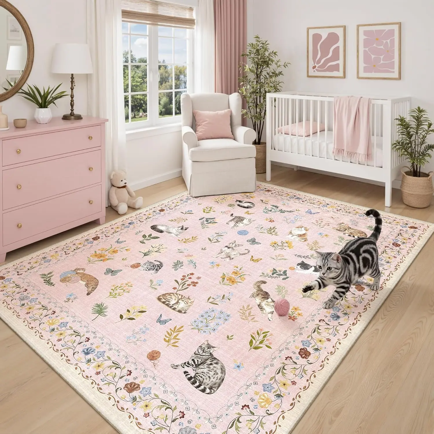 [Summer Vibe] ComiComi Vintage Floral Cute Kitten Area Rug For Nursery, Water&Stain Resistant, Washable, Non-Slip Backing, Non-Shedding, Low Pile Soft Carpet For Baby Girl's Pink Princess Room, Bedroom, Living Room, Pet-Friendly, Kids Space Decoration