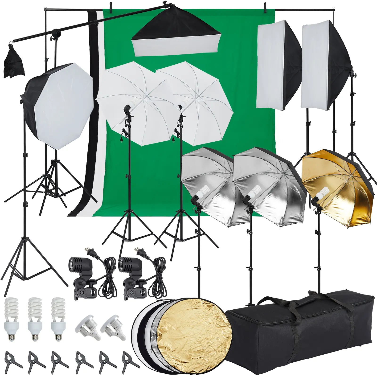 Complete Photography Lighting Kit – 8.5x10ft Backdrop Stand, 5 Tripod Stands, 45W LED Softbox, Umbrella – 5500K Daylight Studio Video Set