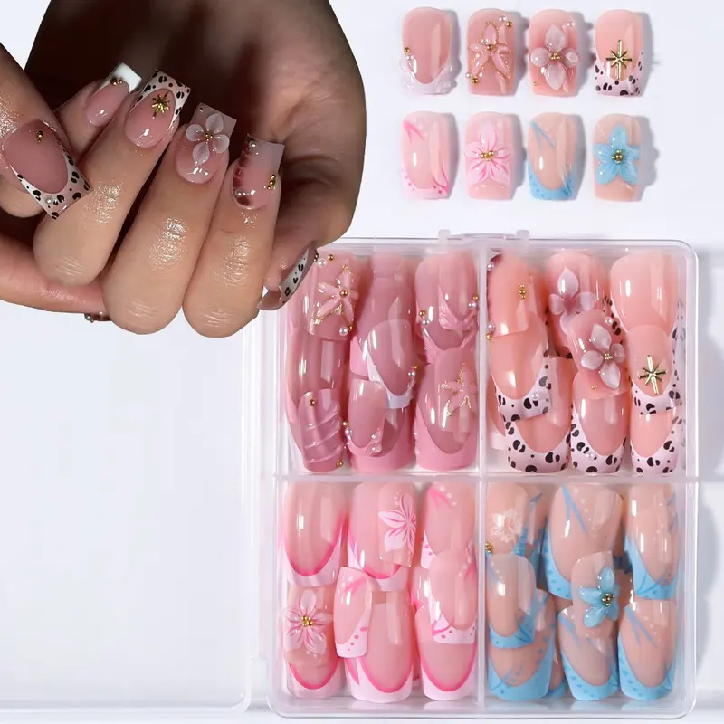 96pcs French Flower Nails, Short Square Press-On Tips, 3D Gel Petals, Steel Beads Decor, Decorative Nails, Summer Nail Art Set, Nails Tips Kit, Includes Glue & File