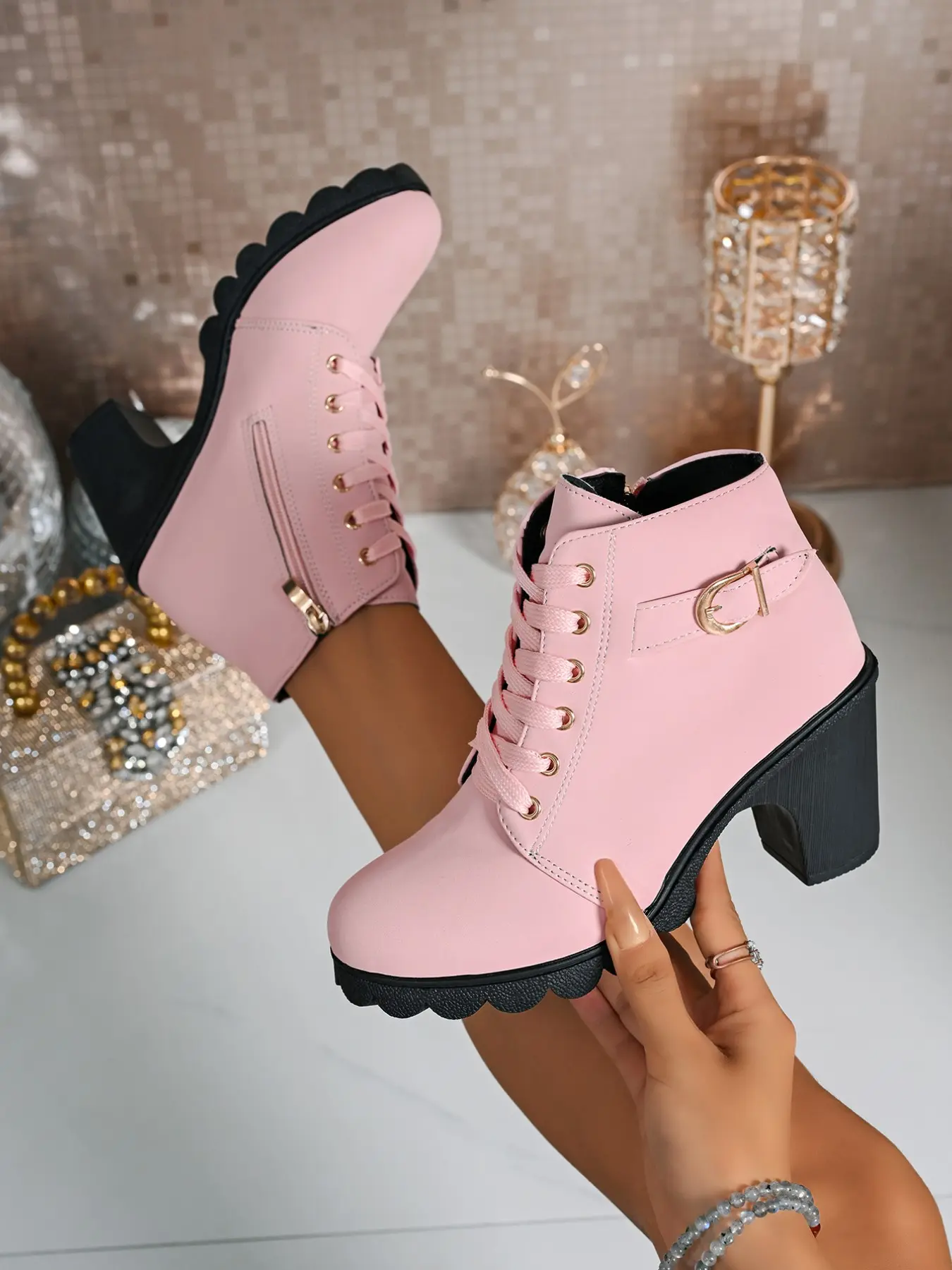 Women's Side Zip Lace-Up Ankle Boots with Chunky Block Heel, Metal D-Ring Detail, Anti-Slip Sole, Fashion Fall & Winter Footwear