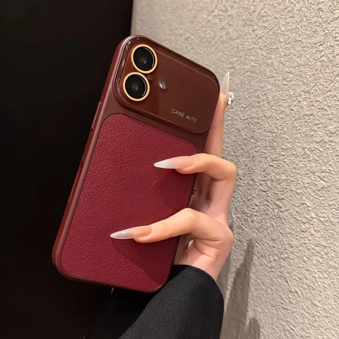 Lychee Texture Leather Protective Smartphone Casing for iPhone 17 Pro Max,16,15,14,13 - Customized Flush Mount High-End Stylish Handheld Device Accessory with Full Camera Lens Protector