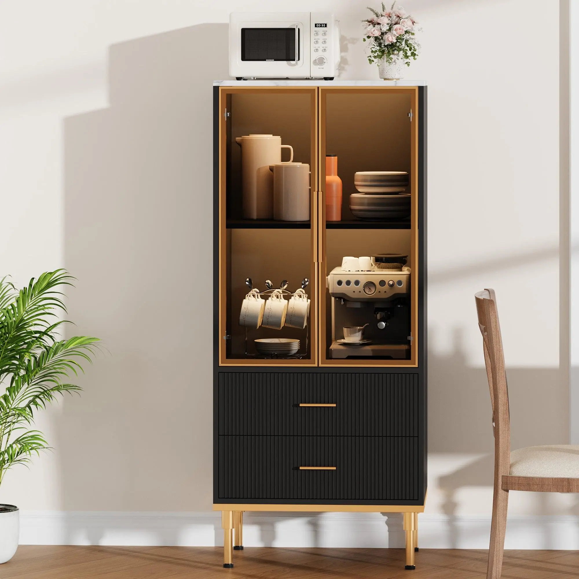 GARVEEFluted Storage Cabinet with Glass Door and 2 Drawers, Modern Display Storage Cabinet with Adjustable Shelves, Available in Black and White, Suitable for Kitchen, Living Room, Office, and Collectibles