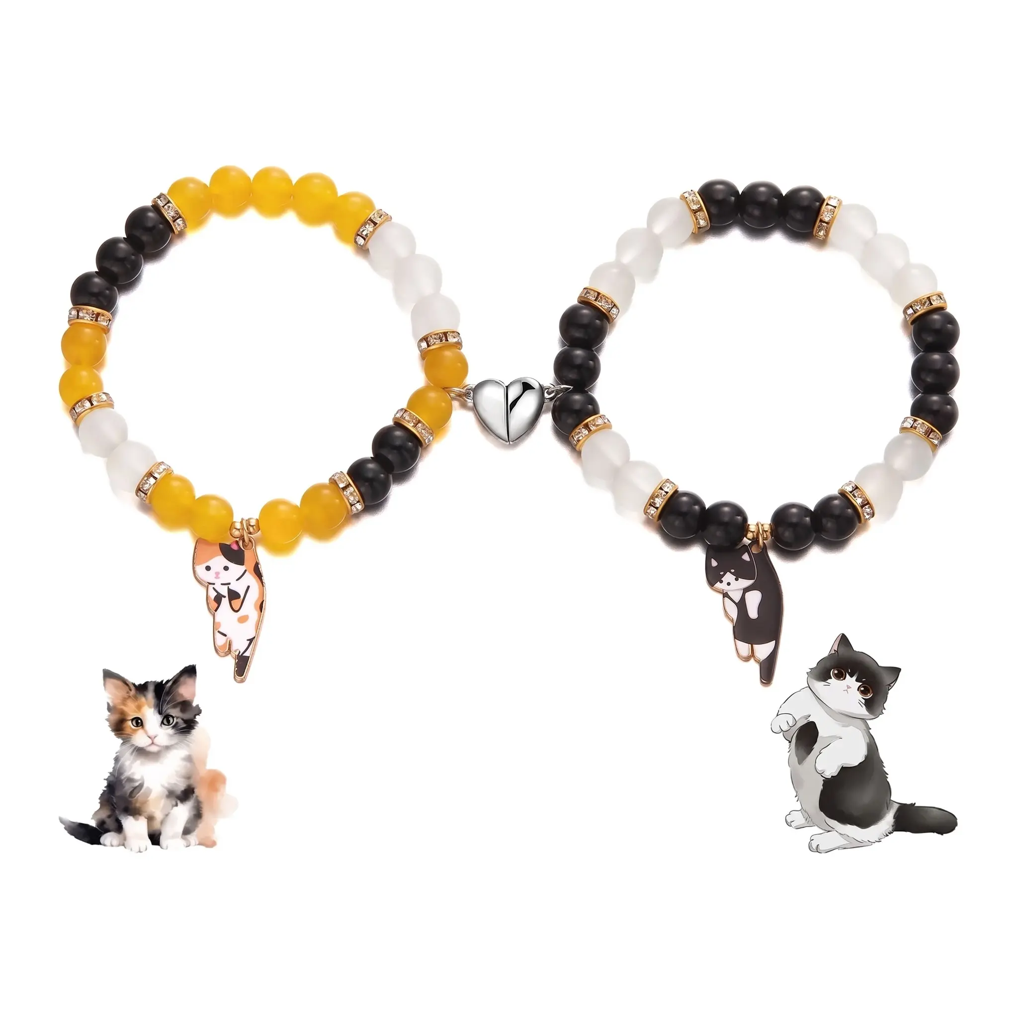 Unisex Wear Matching Couple Bracelets Set, Cute Cat Heart Pendant Jewelry, Ideal Gift for Boyfriend-Girlfriend Anniversary or Birthday