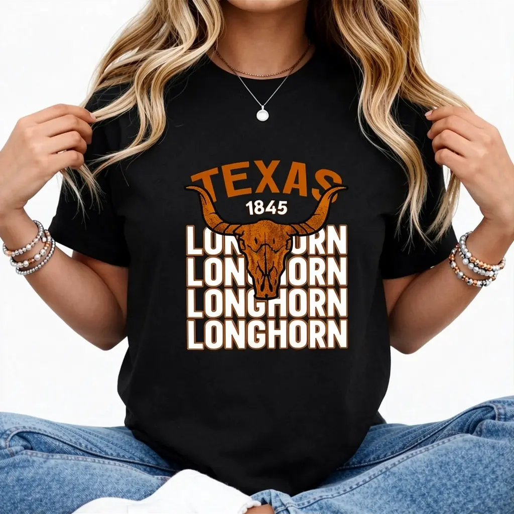 Women's Short-Sleeve Texas Longhorn 1845 Skull Graphic T-Shirt, Casual Daily/Game Day Wear for Texas Pride Fans, White, Shortsleeve