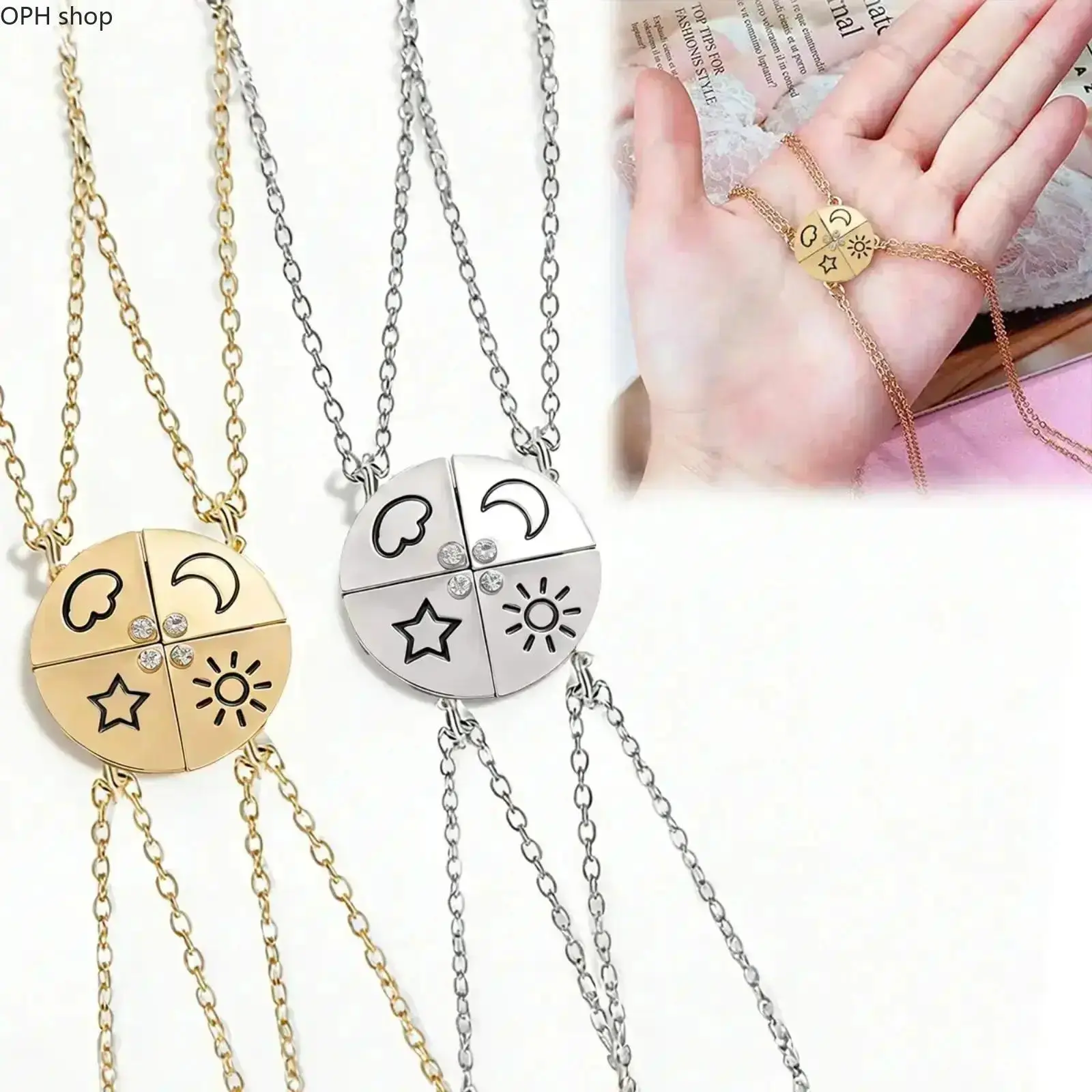4-Piece Magnetic BFF Necklace Set, Cute Sun-Moon-Star & Clouds Puzzle Pendants, Polyester Friendship Jewelry for Teen Girls, Birthday Gift Ideas