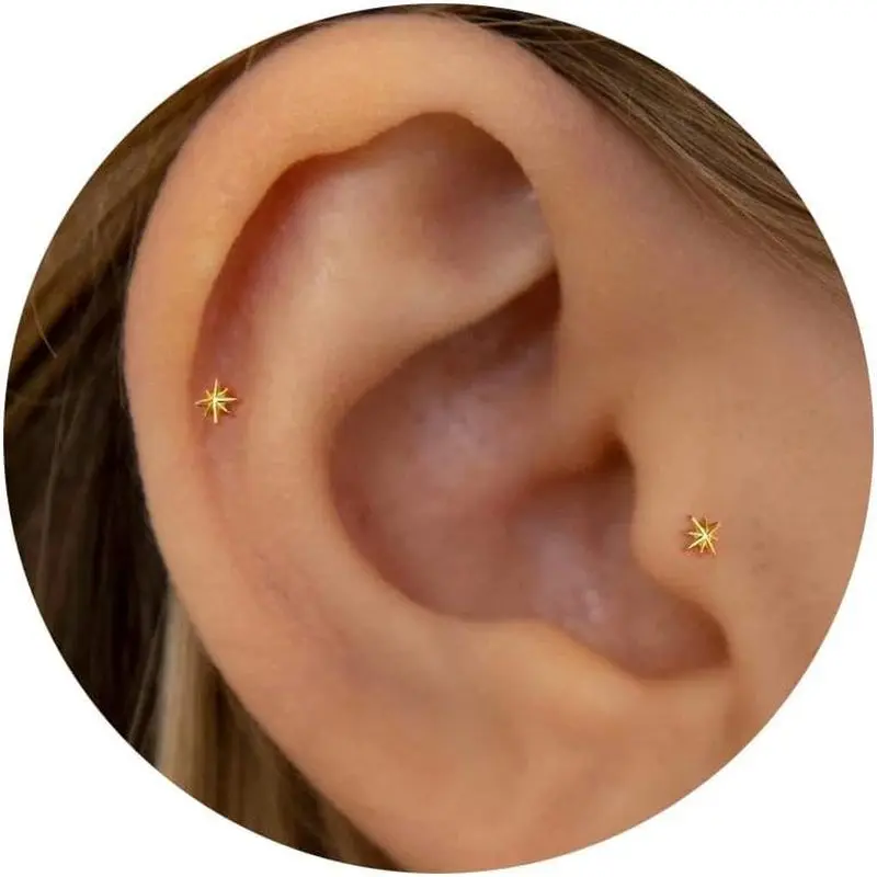 Women's Threadless Titanium Flat Back Stud Earring, 16G Tragus Jewelry with Starbust Design, Helix Conch Accessory for Daily Wear Including Care Guide