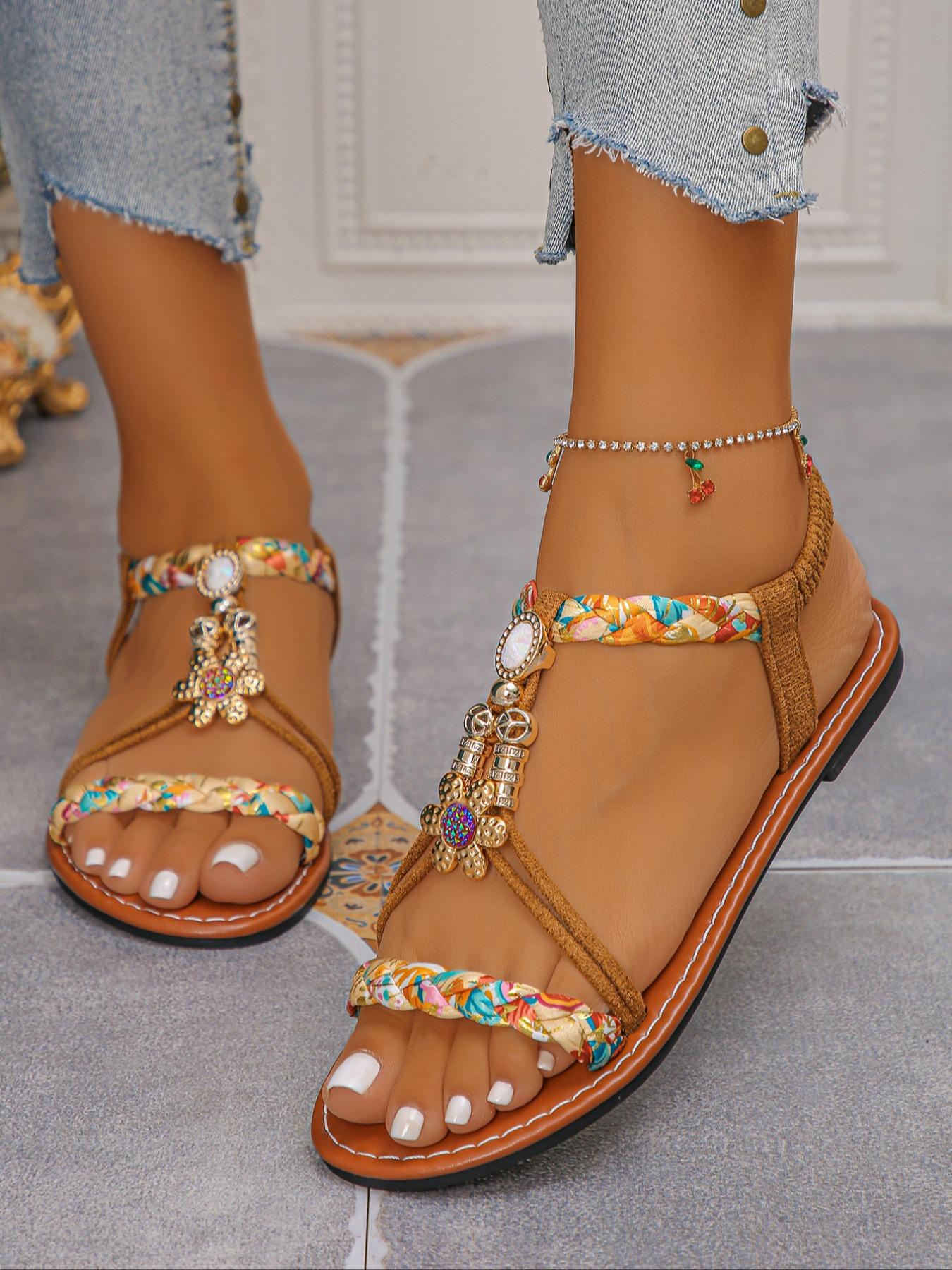 Women's Fashion Ethnic Style Woven Sandals in Suede, Comfortable Ankle Strap with Multi-Colored Patterns for Summer Casual Wear