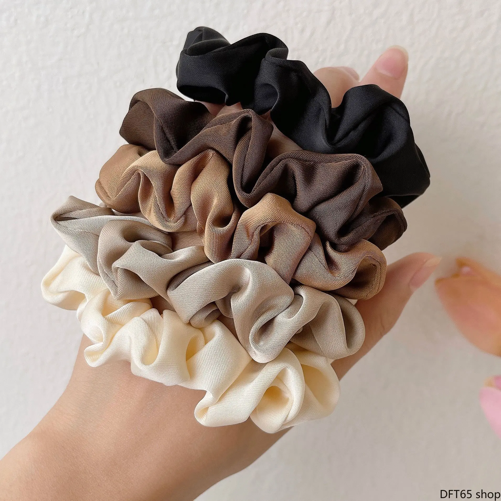 Smooth Glossy Satin Fabric Large Scrunchie Set With Five Neutral Shades Thick High Resilience Elastic Core Soft Surface Without Snagging Hair For Women Daily Ponytail Bun Styling French Minimalist Luxury Decorative Hair Accessory