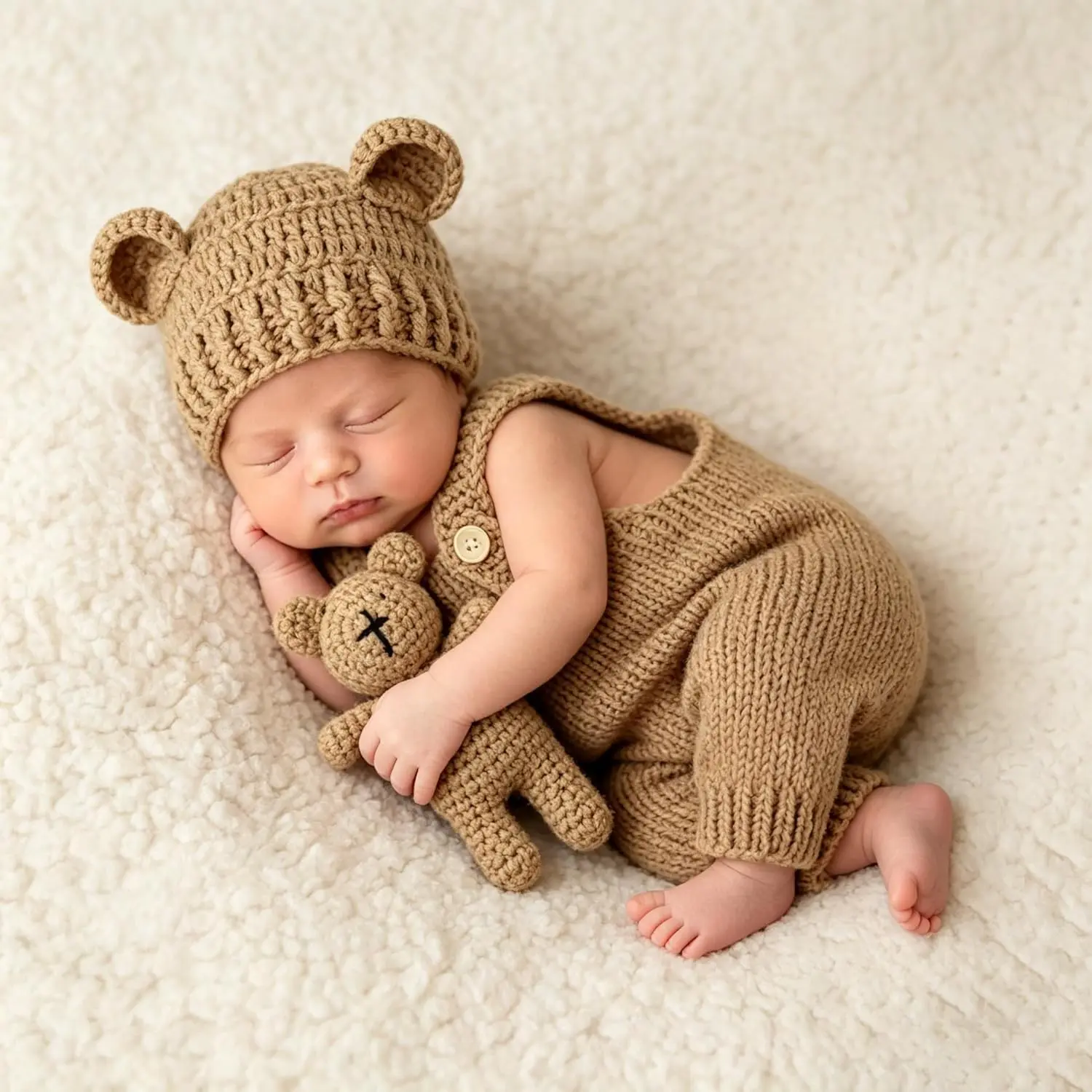 Newborn Photography Clothing Hand-Knitted Cute Suspender Jumpsuit Costumes And Bear Ear Hat Teddy Bear Dolls Decor Outfits, Newborn Photo Props Gift Sets Special Gift Set