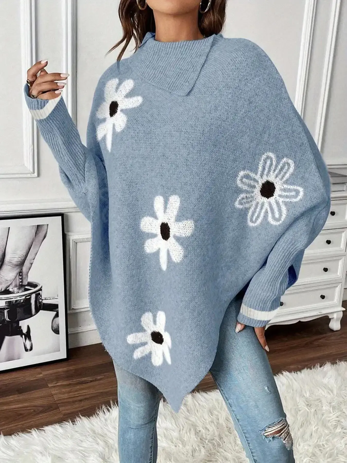 Unique Floral Jacquard Knit Sweater for Women, Loose Fit Lazy Pullover, Batwing Sleeve, Elegant and Comfortable, Fall Winter New Arrival