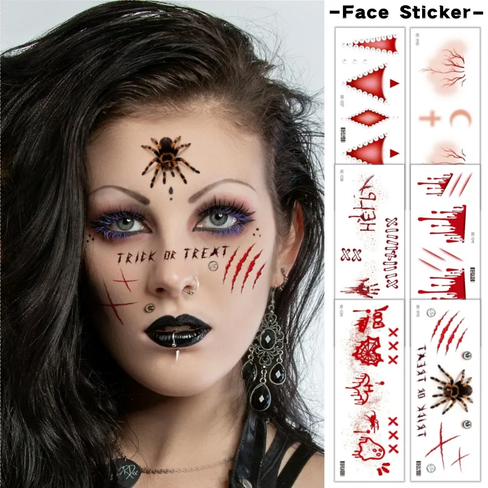6 Sheets Halloween Face Temporary Tattoos, Halloween Party Makeup Stickers, Fake Scar, Blood Vein, Blush & Spider Designs, Scary Face Stickers for Day of the Dead, Waterproof Sweat‑Resistant Prank DIY Cosplay Costume Accessories for Men & Women