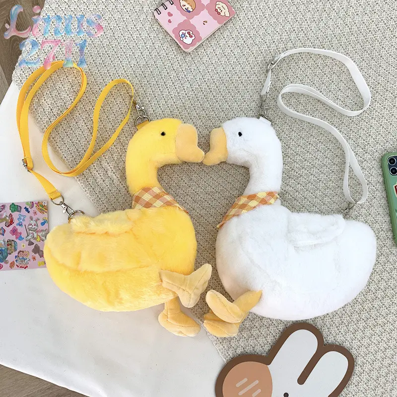 Cute Fluffy Goose Plush Crossbody Bag Cartoon Duck Doll Sling Purse Plaid Scarf Adjustable Strap Kawaii Mini Handbag Teen Girls Women Daily Outdoor Novelty Accessory Gift