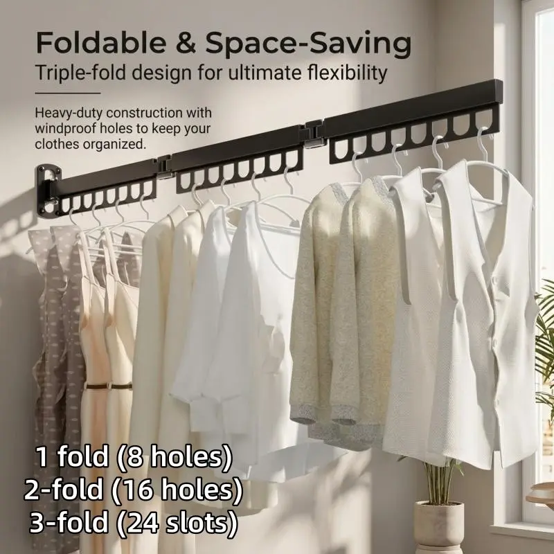 This foldable wall-mounted clothes drying rack rotates flexibly, saving space and is suitable for balconies and bathrooms.
