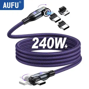 AUFU 9Pin 240W Magnetic Cable 5A Fast Charging Mirco USB Type C Cable For iPhone Xiaomi 540 Rotate Elbow Magnet Charge Data Cord