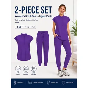 Purple Mandarin Collar Scrub Uniform with Multi Pockets for Women Medical Workwear