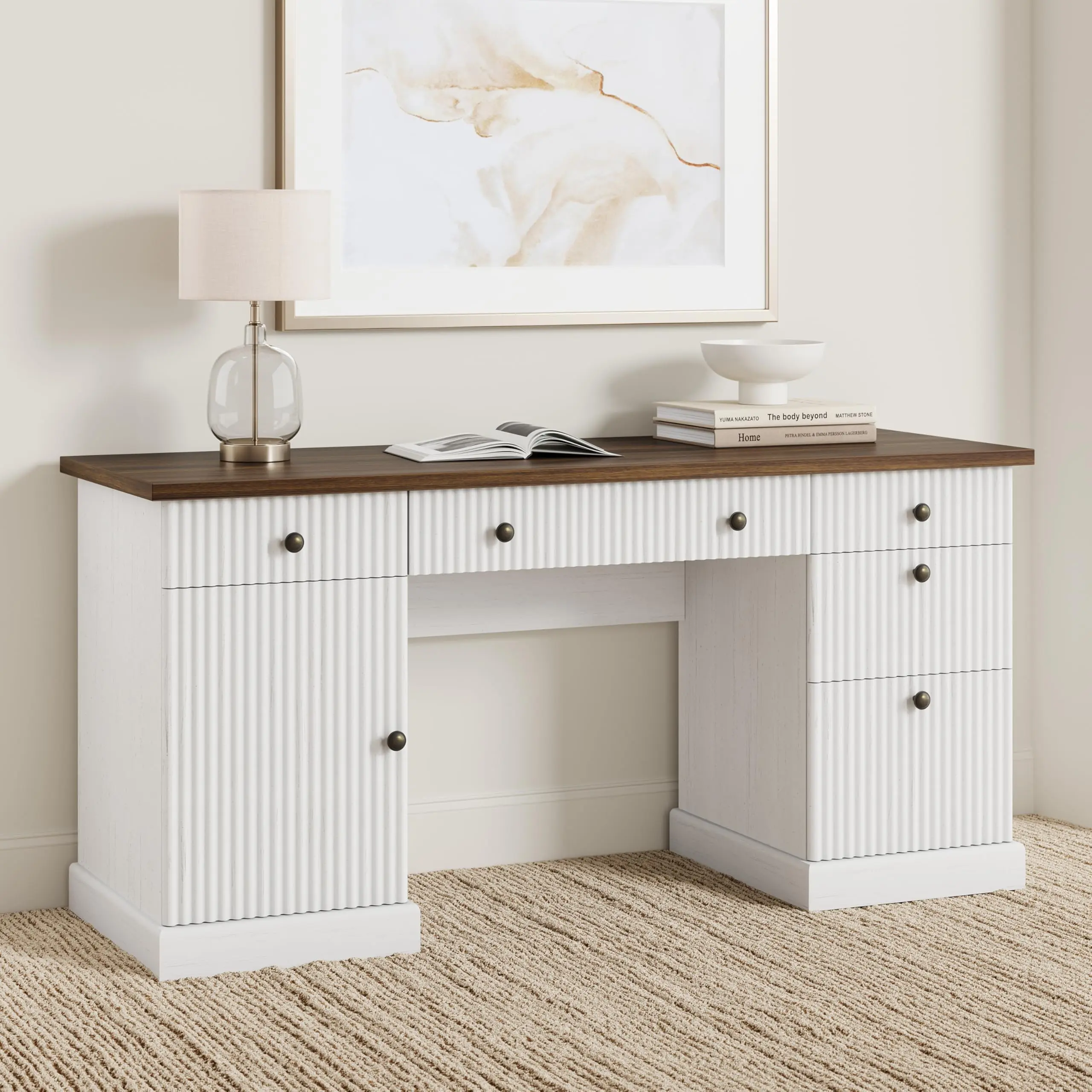 54" Executive Desk with Drawers, Fluted Home Office Desk with File Cabinet, Wooden Computer Writing Desk for Study, Conference Table for Living Room