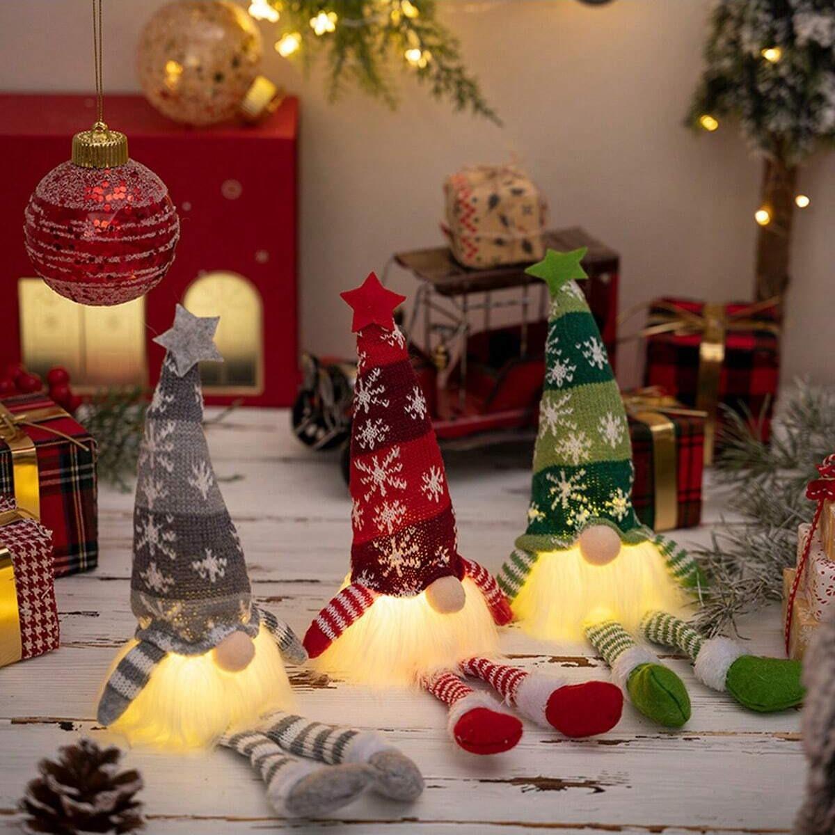 Christmas Plush Long Leg Gnome Faceless Doll with Light, Knitted Dwarf Elf Figurines with Hat, Perfect for Christmas Tree, Bedroom, Fireplace, and Window Display, Home Decor Ornament, LED Mood Light