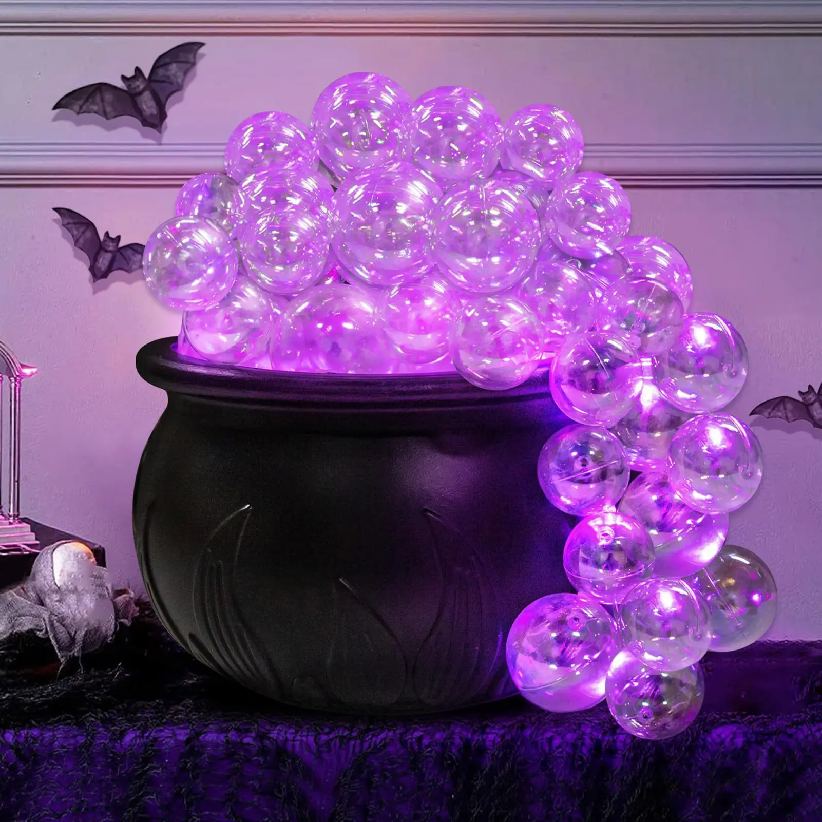 Bubbling Cauldron with Violet Light Black Witches Bubbling Cauldron for Storing Candy Desktop Decoration Ornament
