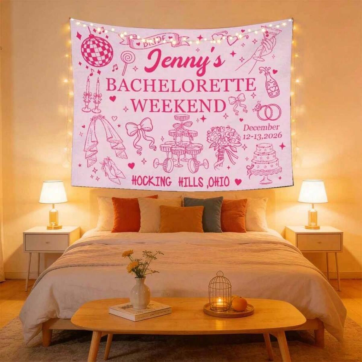 Custom Bachelorette Party Banner Tapestry, Personalized Party Wall Hangings Tapestries, Print Name/Location/Date On Background Cloth, Durable Peach Skin Fabric, Indoor/Outdoor Use, Unique Party Decor Gift For The Bride