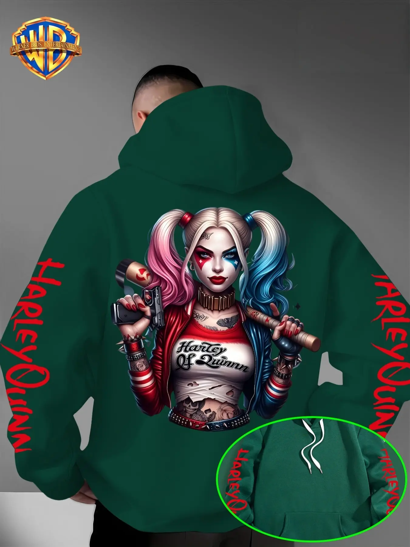 Warner Bros Men's Dark Harley Quinn Back Print Hoodie, Letter Pattern Sleeves, Casual Gothic Street Style, Pullover Hat Top