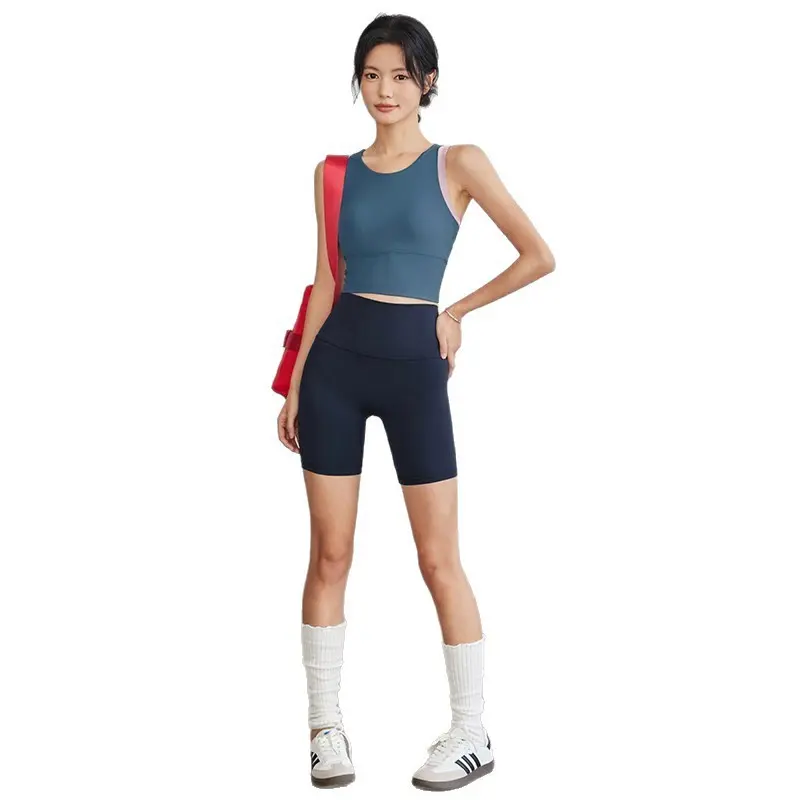 Women 2‑Piece Yoga Outfits, Racerback Sports Tank Top & High Waist Tummy Control 5‑Inch Biker Shorts Set, Quick Dry Workout Gym Running Exercise Tracksuit for Women