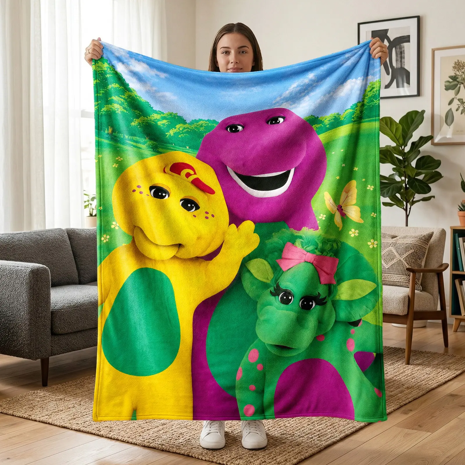 1pc Vintage Barney Dinosaur Cartoon Themed Fleece Blanket, Purple Yellow Green Dinosaurs Grassland Scene Print, Cozy Cartoon Style. Soft Warm Cozy Nap Throw, Multi-use for Sofa, Bed, Office, Camping, Christmas Gift, Blanket Gifts, Blanket for couch