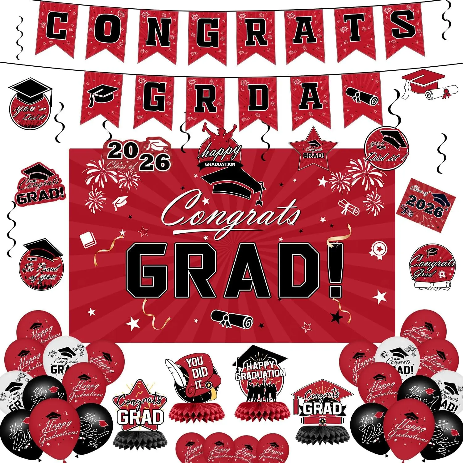 2026 Red-Themed Metallic Graduation Decorations 10-Piece Kit - Congrats Grad Banner, Backdrop, Hanging Swirls, Balloons, Confetti, Cut Out - Elegant Party Supplies for High School Graduates' Photos