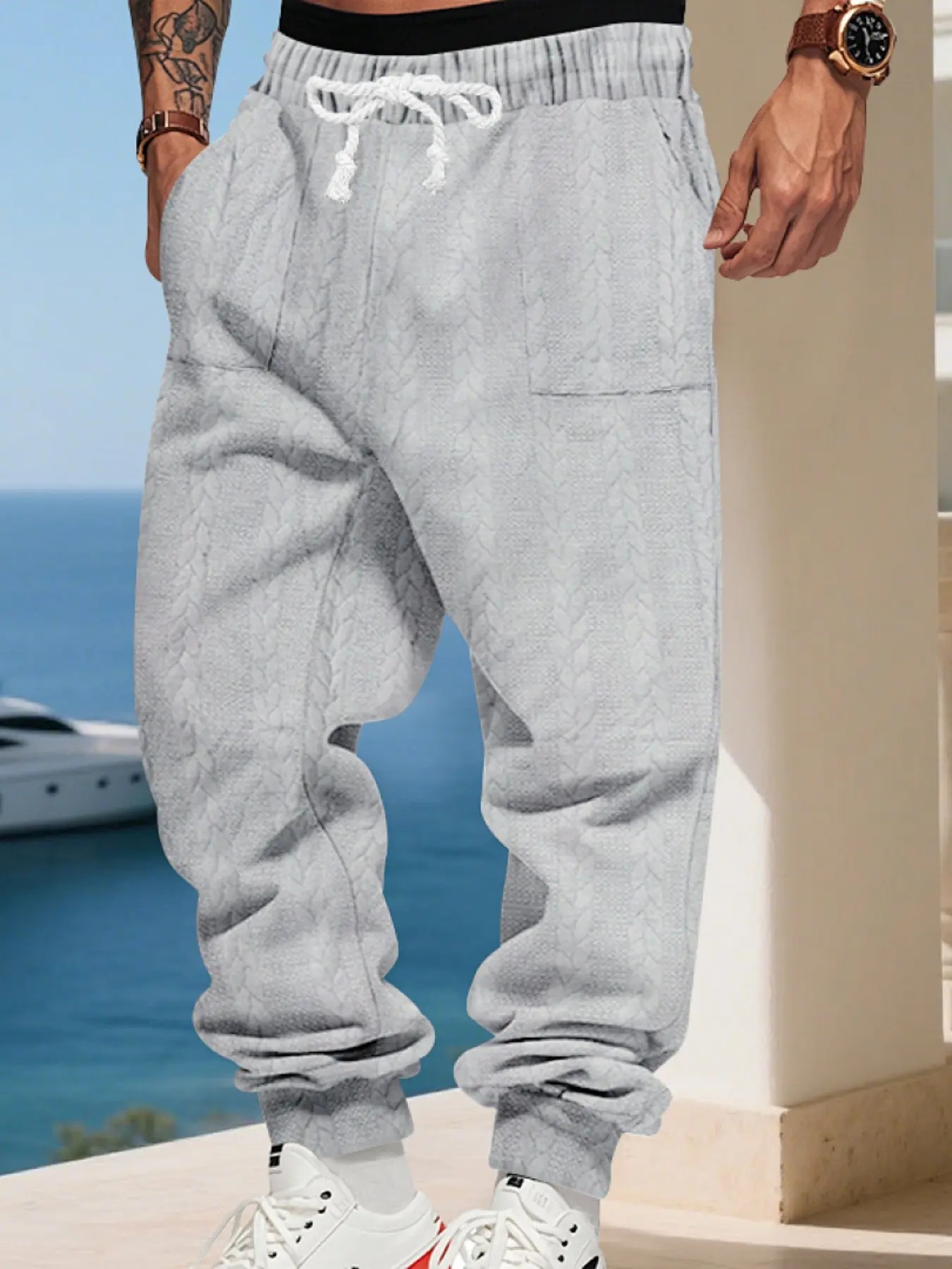 Men's Fall Winter Textured Jacquard Loose Fit Casual Drawstring Waist Hip Hop Sports Sweatpants, Comfortable and Stylish