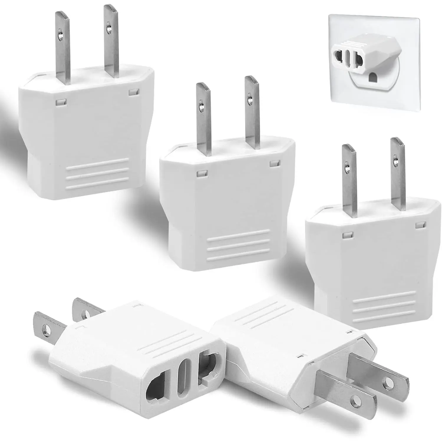 6 Pack Travel Adapter: European to  Outlet Plug Adapter (White)