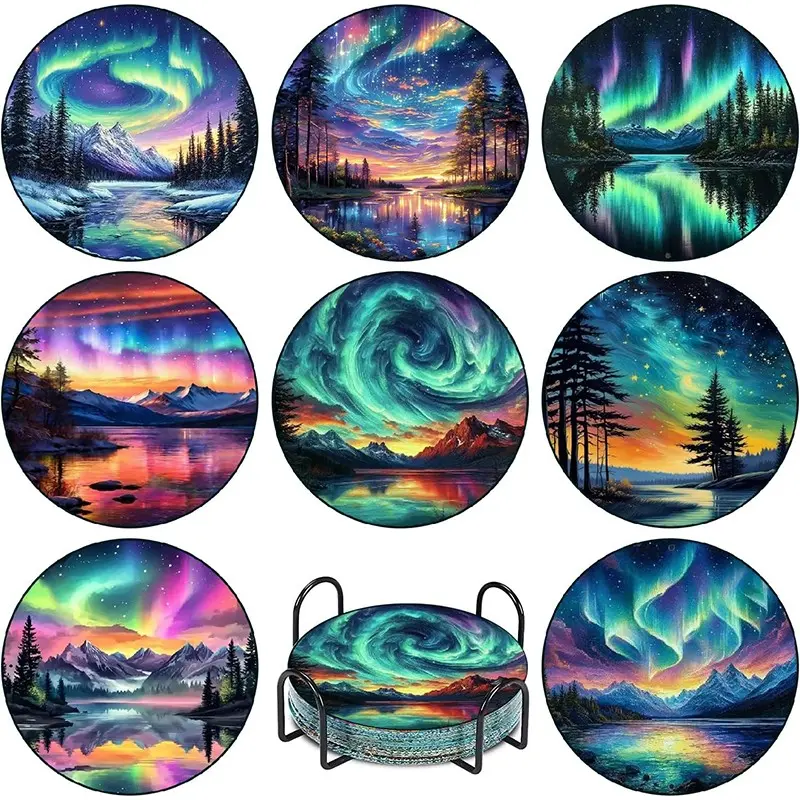 8 Piece Adult Landscape Diamond Art Coasters Set, Diamond Painting Coasters with Stand, 5D Gemstone DIY Craft, Perfect Gift for Home Decor