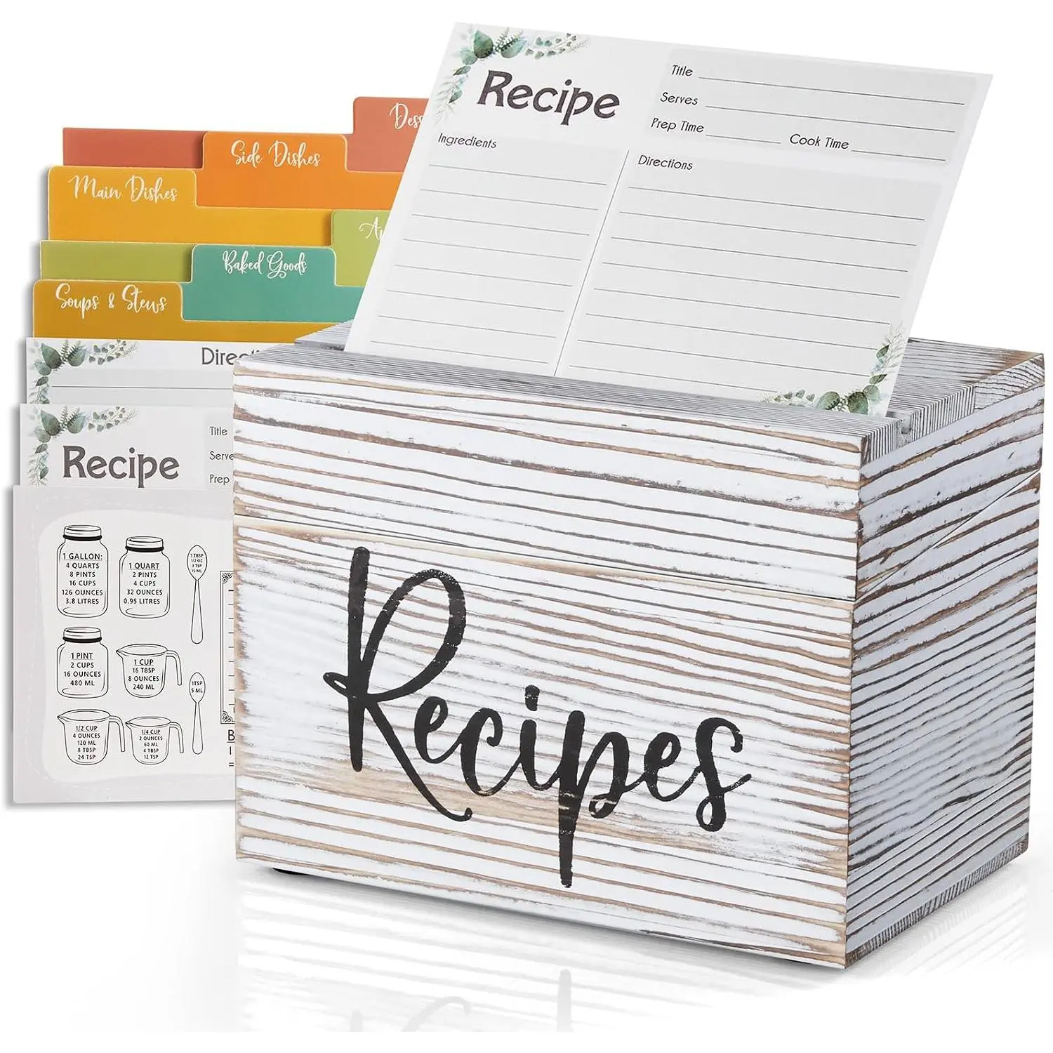 Recipe Box, Wooden Recipe Organizer,Whitewashed Recipe Holder Box with 50 Recipe Cards 4"x6" & 6 Dividers, Recipe Book to Write in Your Own Recipes