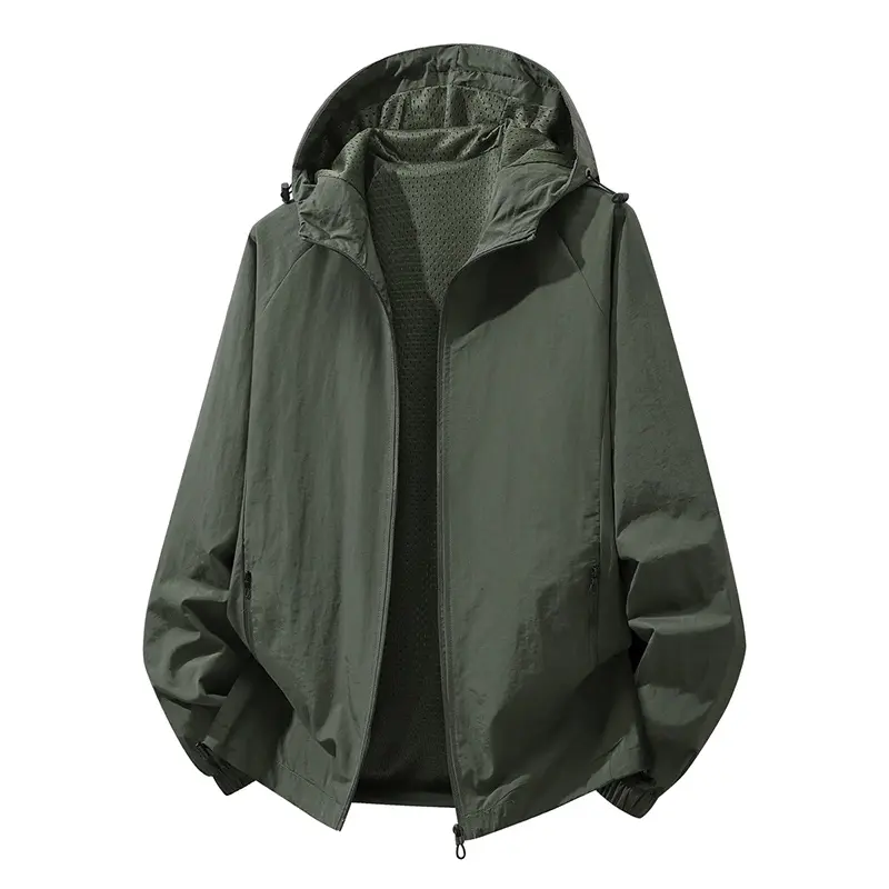 Men's Hooded Lightweight Nylon Windbreaker Coat - Menswear Long Sleeve Top, Breathable Mesh Lining, Adjustable Drawstring Hood, Zipper Pockets, Elastic Cuffs, Wrinkle-Resistant Thin Fabric, Relaxed Fit for Spring Autumn Hiking, Coats