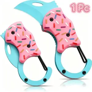 Pink Donut Folding Pocket Knife - Cute Mini EDC Utility Knife for Women Men, Everyday Carry Box Cutter Tool, Portable Keychain Gift