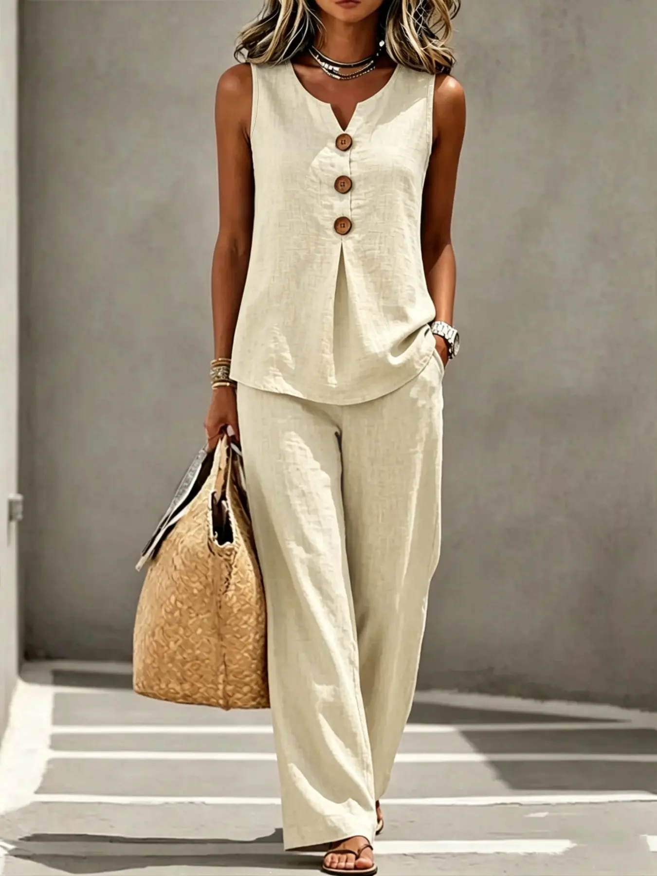 Women's V-Neck Buttonless Sleeveless Tank Top and Long Pants Set, Two-Piece, Casual Summer Fashion, Comfortable and Stylish, Casual Lounge Sets