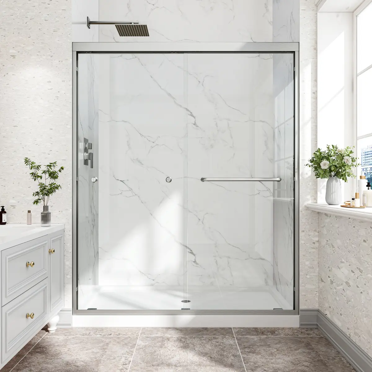 Frameless-Style Double Sliding Shower Enclosure for Indoor Bath - 55-60in W x 72in H, Brushed Nickel Aluminum Frame, 1/4in Tempered Glass with Explosion Proof Nano Coating, Reversible Installation, Water Containment Bathroom Upgrade