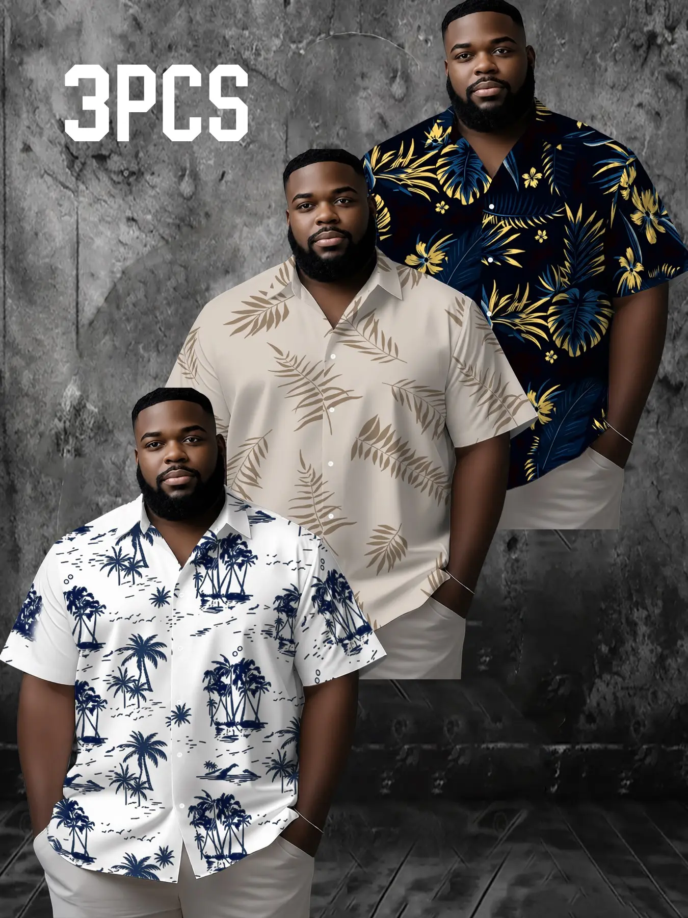 3-Pack Plus Size Men's Hawaiian Shirts, Lightweight Polyester Short Sleeve Summer Tops, Ideal for Casual Wear, Comfortable and Stylish