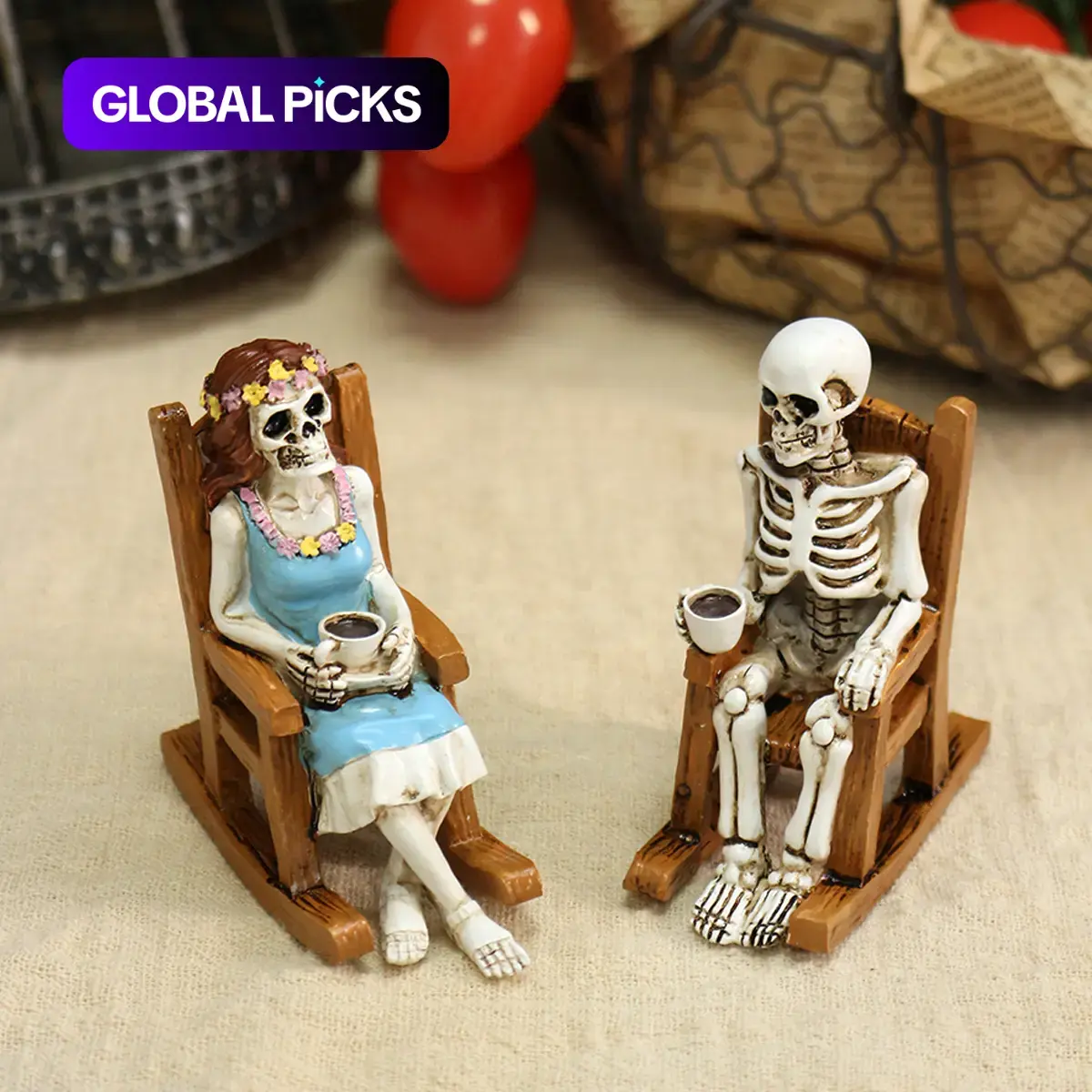2pcs Skeleton Couple Figurines, Resin Miniature Statues on Rocking Chairs with Coffee Mugs, Gothic Halloween Tabletop Decor, Anniversary Gift for Couples & Coffee Lovers