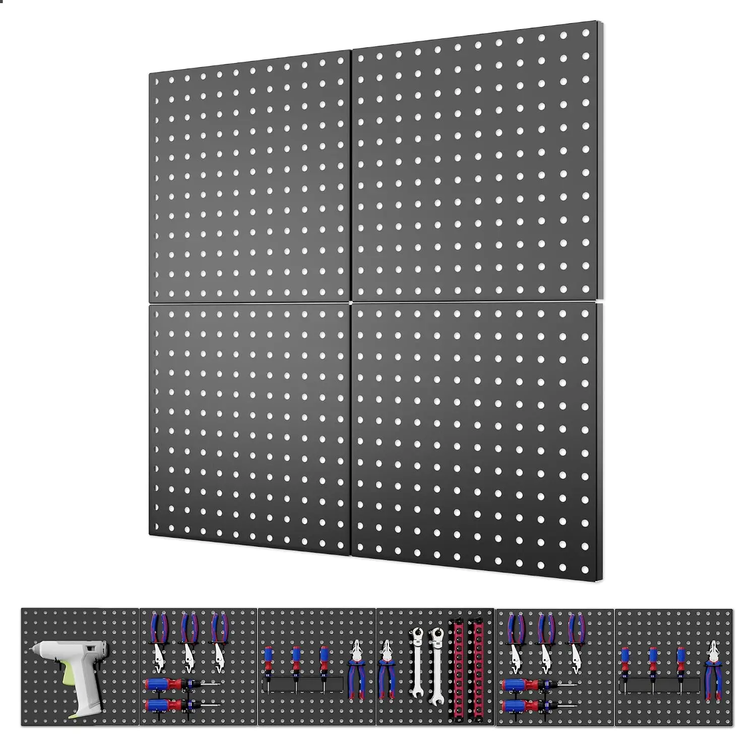 4 Pack Metal Pegboard Panels, 12"x12" Wall Tool Organizer | Heavy Duty Steel, Modular Storage, Garage Workbench, Tool Hooks, Kitchen Organization, Craft Room, DIY Workspace Setup