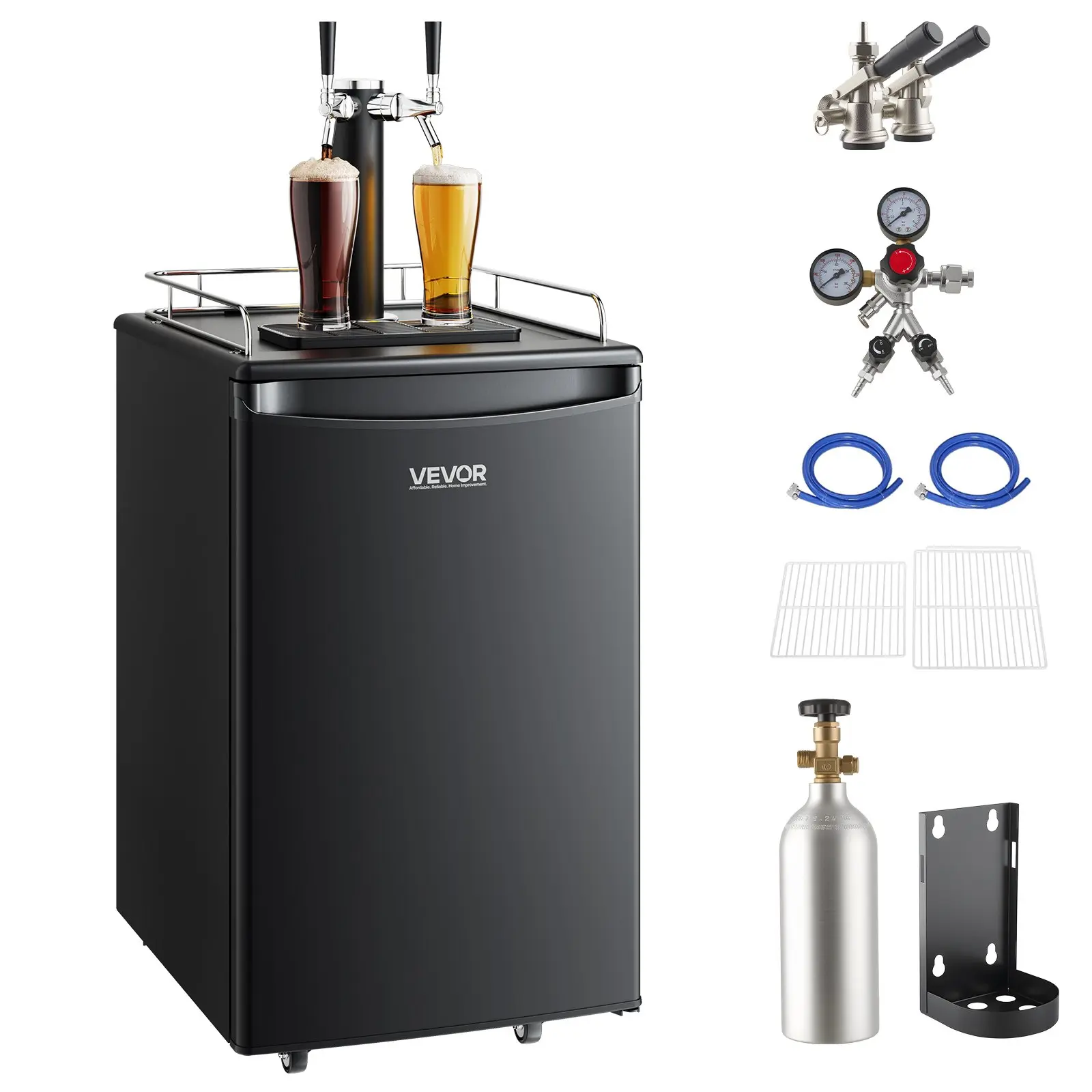 VEVOR Dual Tap Barbecue Keg Fridge, Compressor Cooling Full Size Kegerator with CO2 Cylinder, Adjustable Shelves, Drip Tray Rail, 32F-50F Temp Control, Holds 1/6,1/4,1/2 Barrels, Black