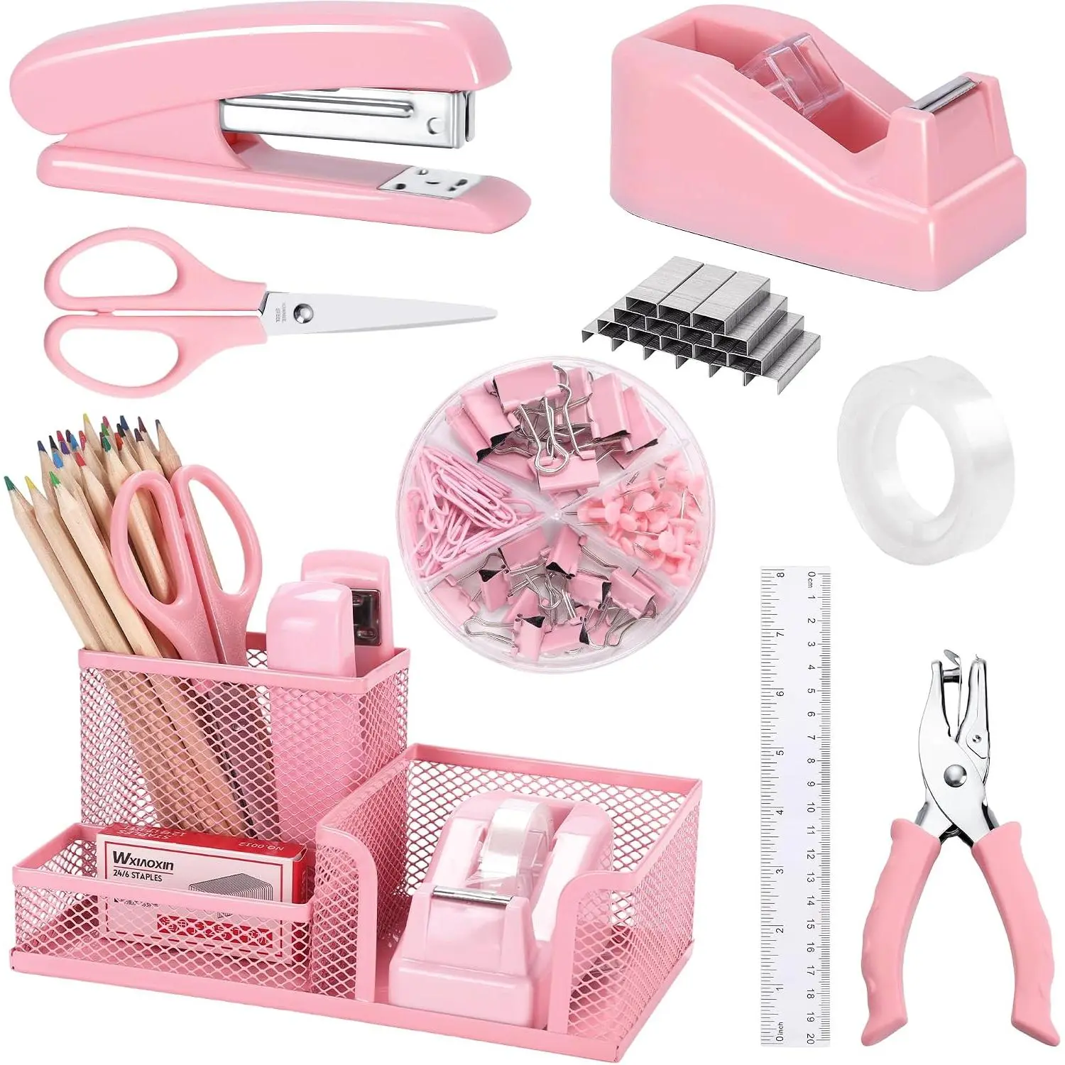 Office Desk Accessories, 9 count Desk Organizers and Accessories with Mesh Pen Holder, Stapler, Tape Dispenser, Hole Punch, Office Supplies Set for Office  School Women Students