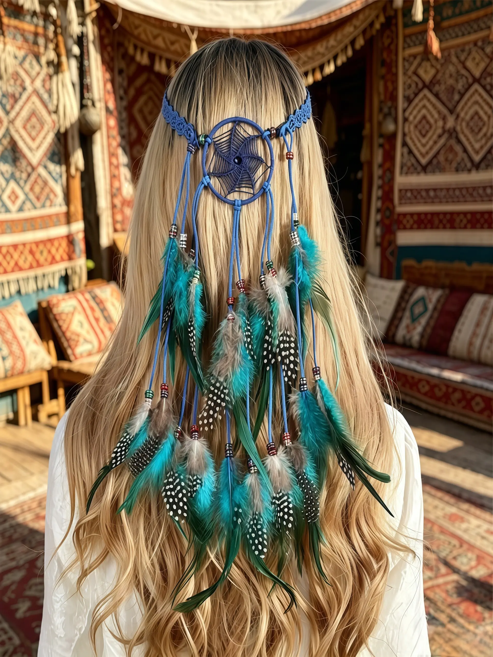 Boho Feather Headband, Indian Gypsy Hair Accessory, Feathers, Adjustable Beaded Rope, Women and Girls Hippie Style