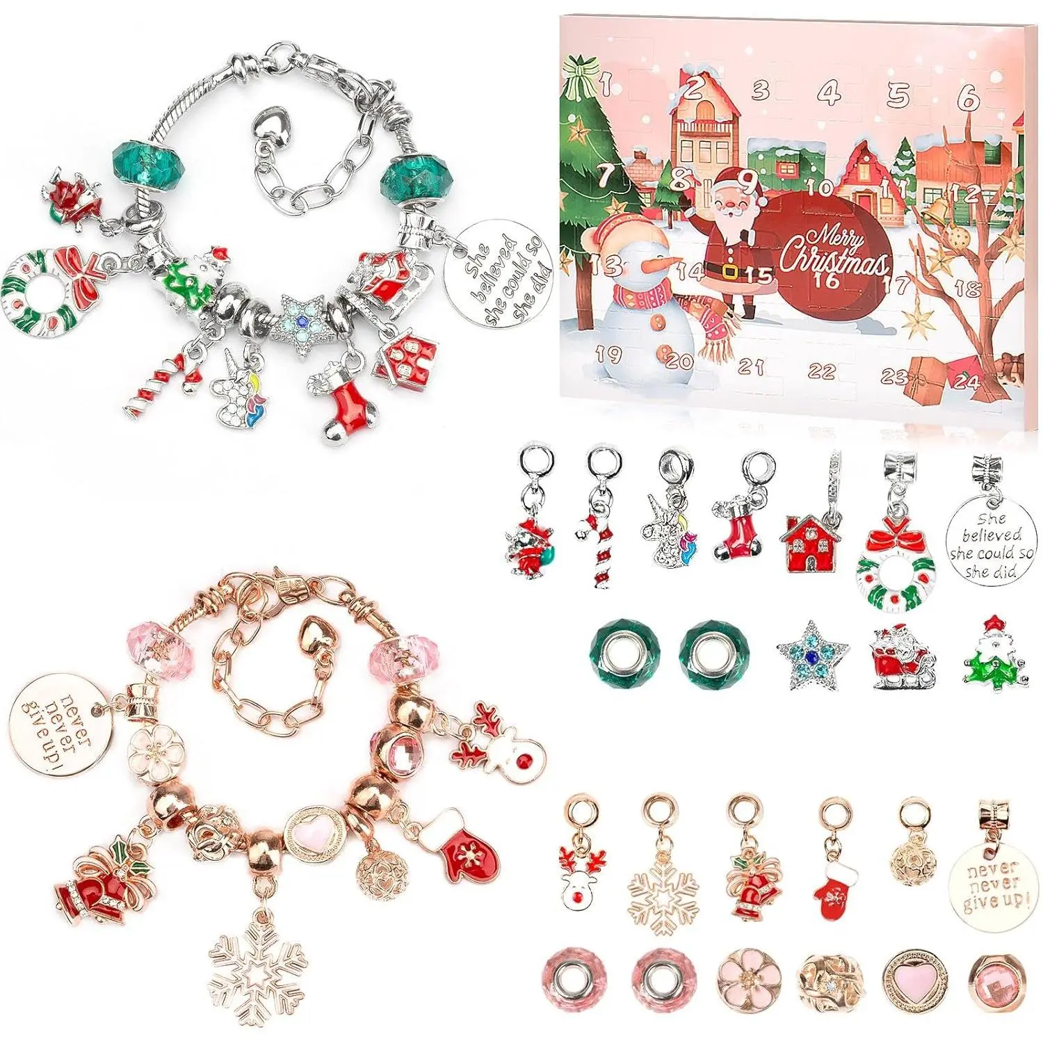 2024 Limited Edition Christmas Selfie Accessory Advent Calendar - 24 Doors Reveal Rose Gold Alloy Crystal DIY Bracelet, Cute Crown, Snowflake Pendant, Bells, Wreath, Holiday Gift for Girls