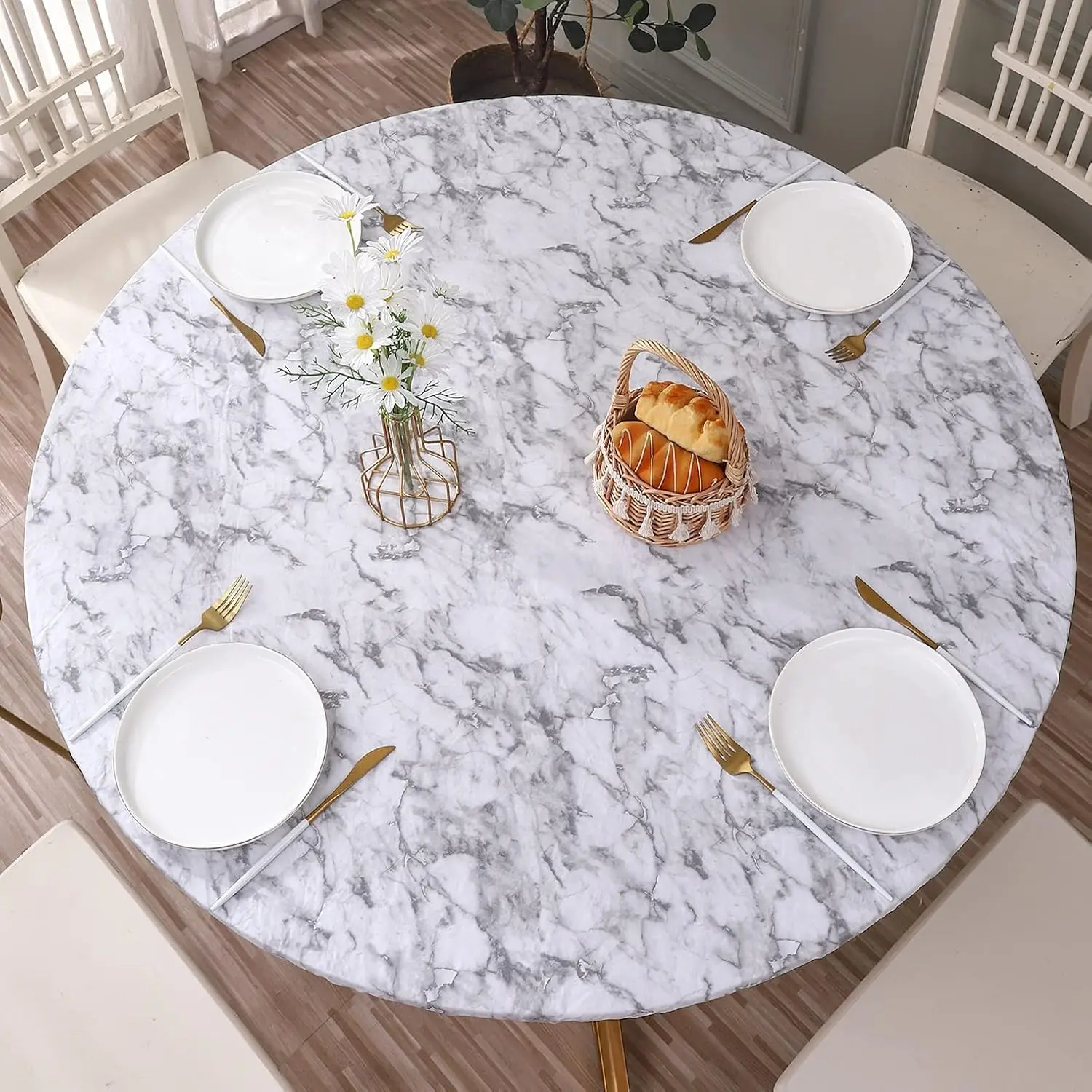 Walrus Round Vinyl Fitted Tablecloth with Flannel Backing Elastic Edge, Waterproof Oil-Proof Stain Resistant PVC Table Cover, Best for 37"-44" Round Tables